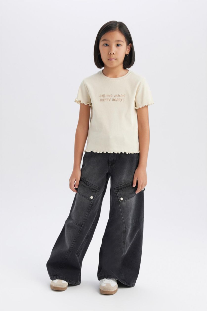 Girls & Teens Light Stone Girl Slim Fit Crew Neck Slogan Patterned Ribbed Camisole T-Shirt