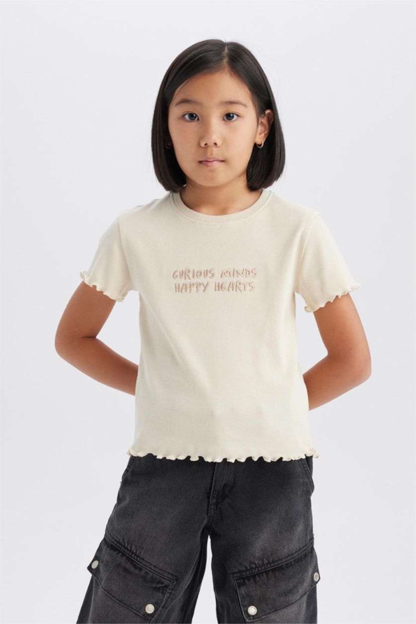 Girls & Teens Light Stone Girl Slim Fit Crew Neck Slogan Patterned Ribbed Camisole T-Shirt