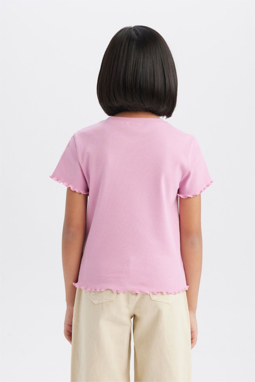 Kız Çocuk - Genç Kız Pembe Slim Fit Dar Kesim Bisiklet Yaka Baskılı Fitilli Kaşkorse Kısa Kollu Tişört Kız Çocuk