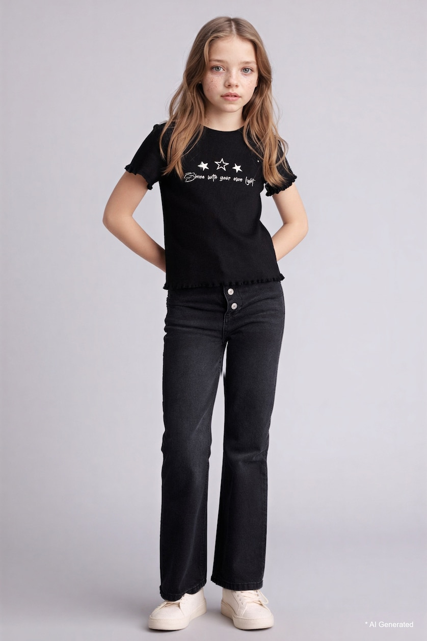 Kız Çocuk - Genç Kız Siyah Slim Fit Baskılı Fitilli Tişört Kız Çocuk