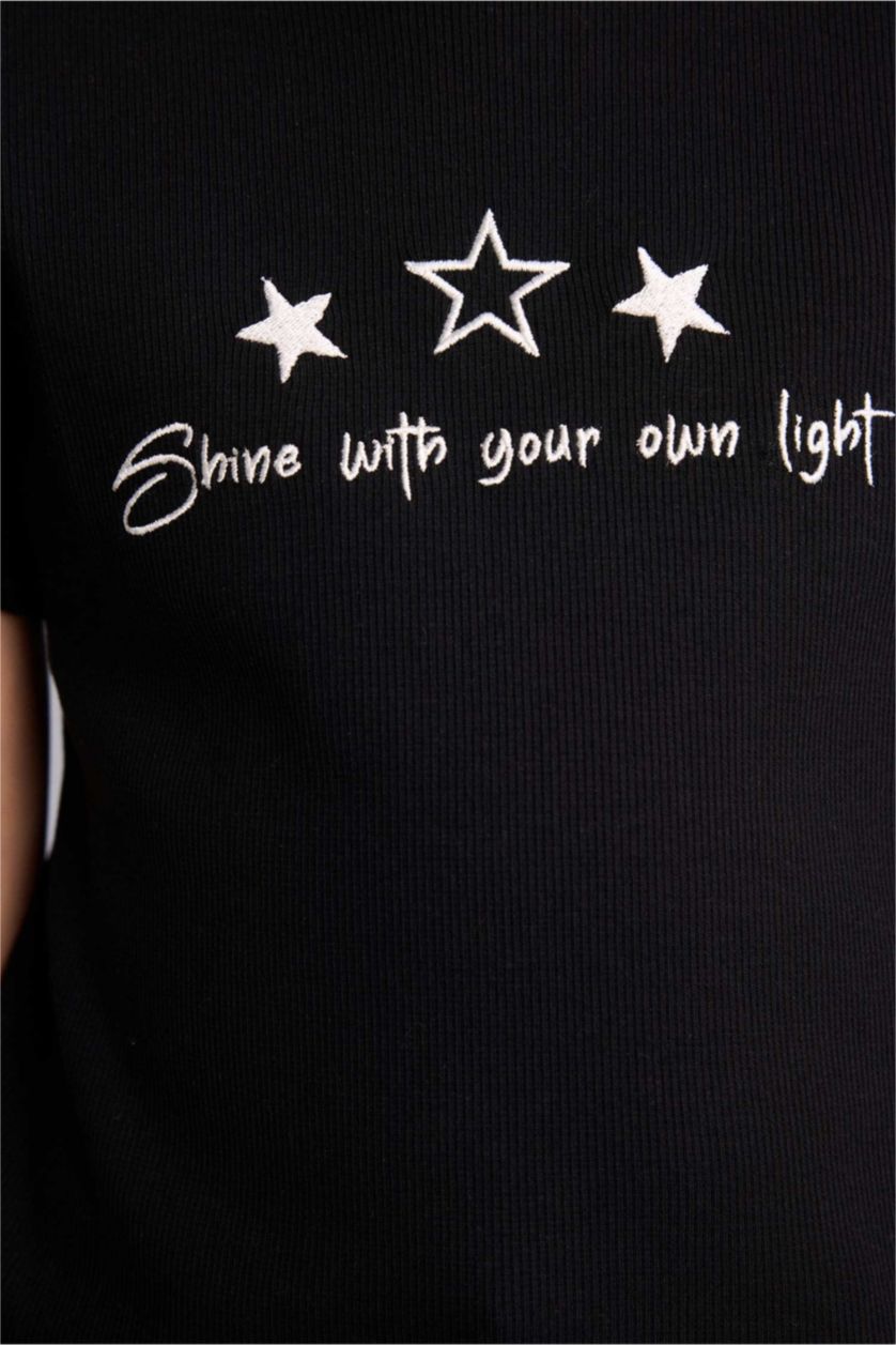 GIRLS & TEENS Black Girl Slim Fit Slogan Pattern Short Sleeve T-Shirt