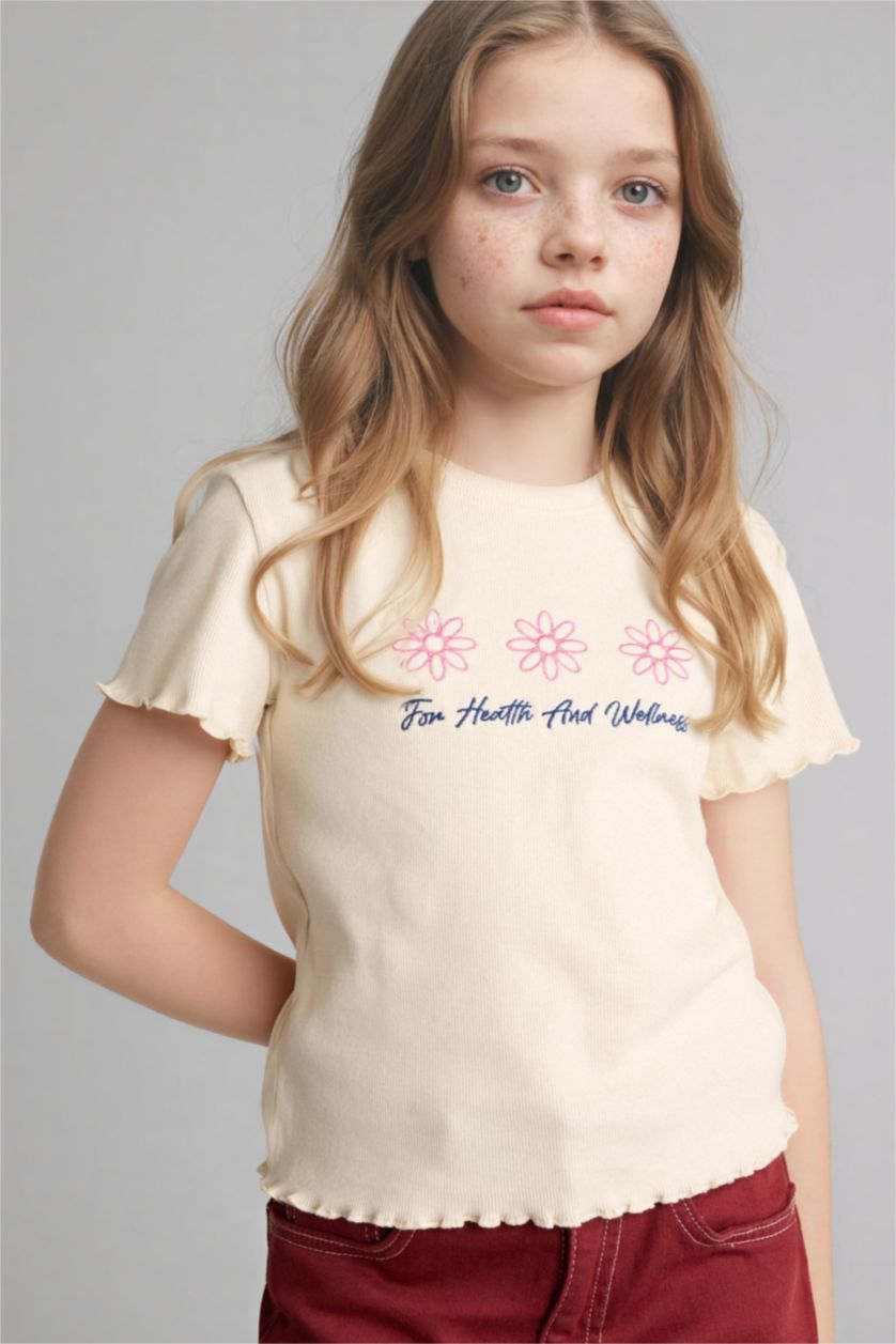 GIRLS & TEENS Ecru Girl Slim Fit Crew Neck Slogan Patterned Ribbed T-Shirt