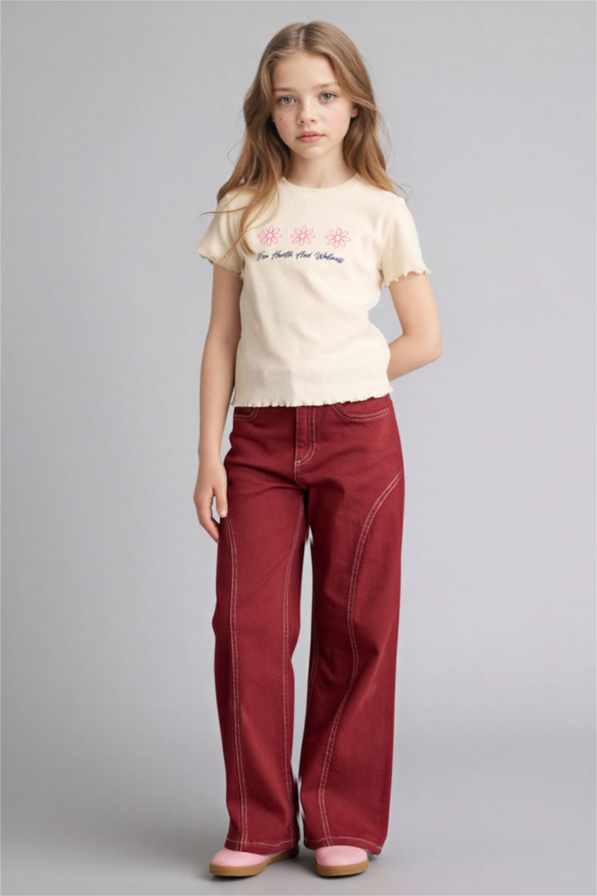 GIRLS & TEENS Ecru Girl Slim Fit Crew Neck Slogan Patterned Ribbed T-Shirt