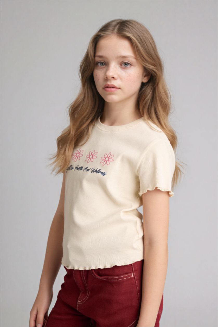 GIRLS & TEENS Ecru Girl Slim Fit Crew Neck Slogan Patterned Ribbed T-Shirt