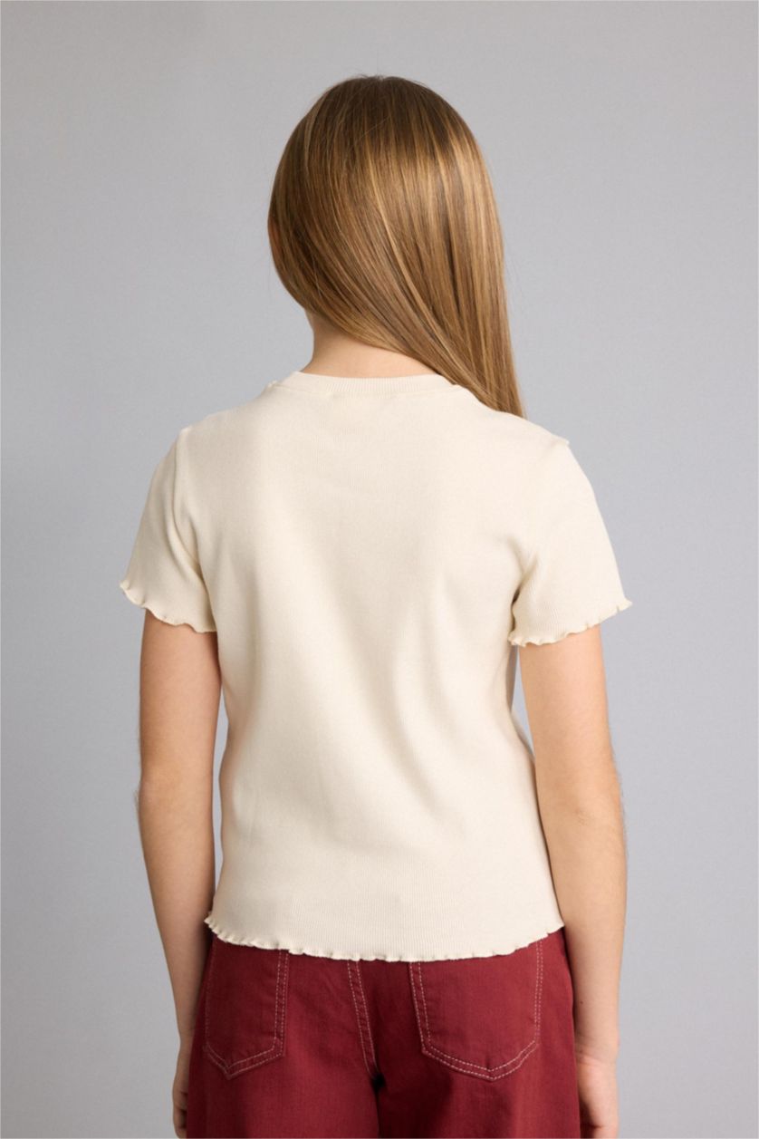 GIRLS & TEENS Ecru Girl Slim Fit Crew Neck Slogan Patterned Ribbed T-Shirt