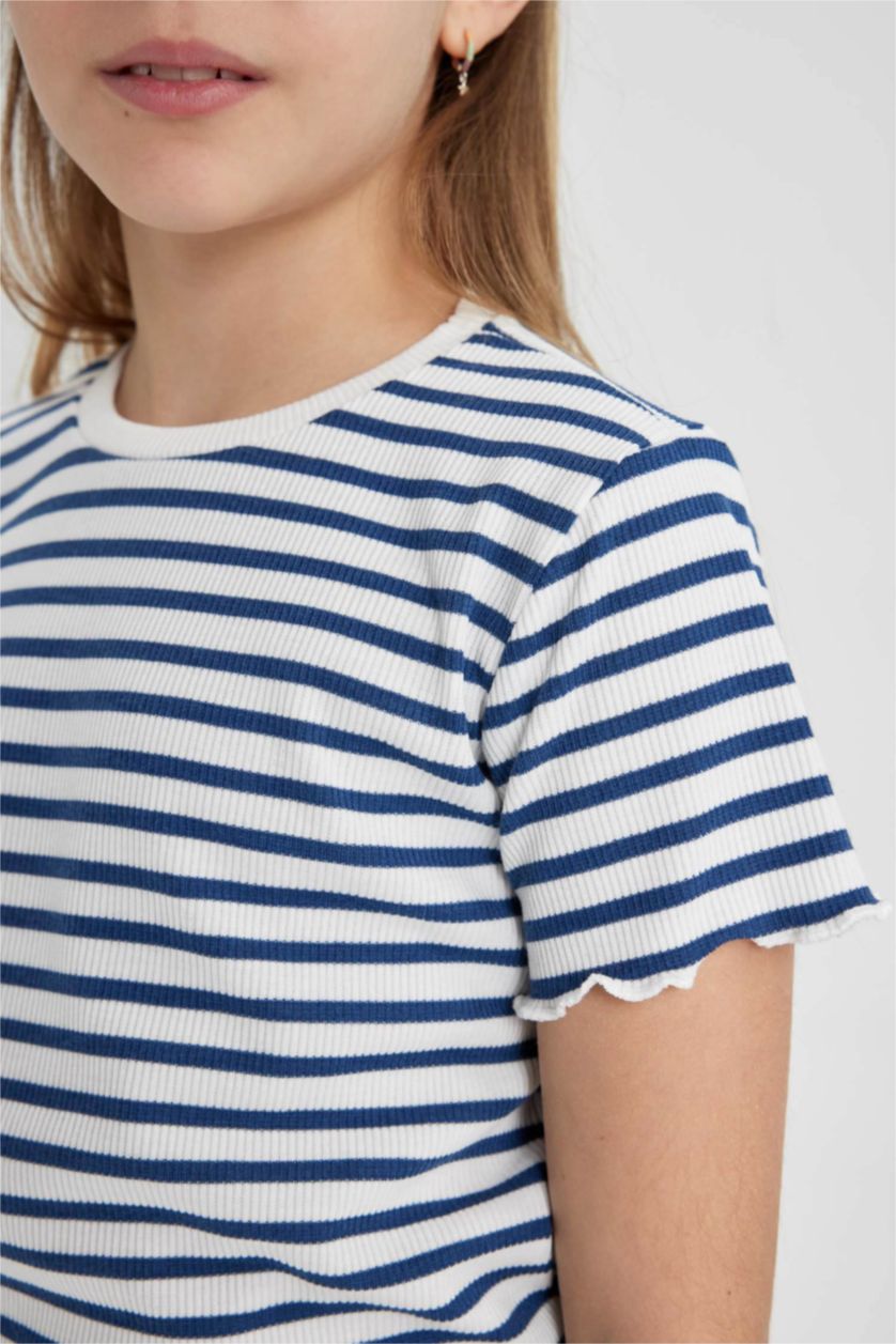 بناتي أزرق تيشيرت مخطط بناتي سليم فيت نص كم