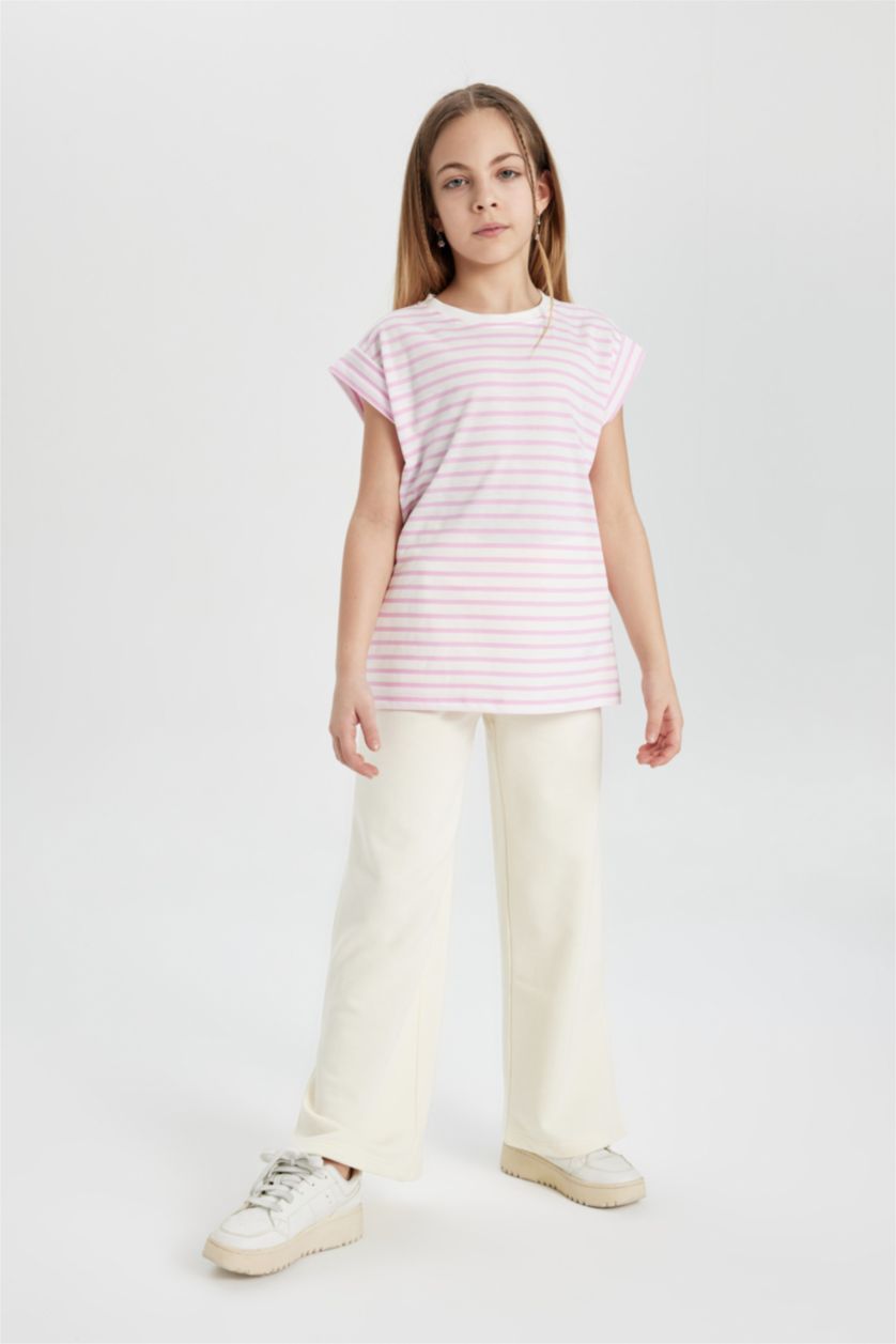 Kız Çocuk - Genç Kız Pembe Kız Çocuk Oversize Geniş Kalıp Bisiklet Yaka Çizgili Kısa Kollu Tişört