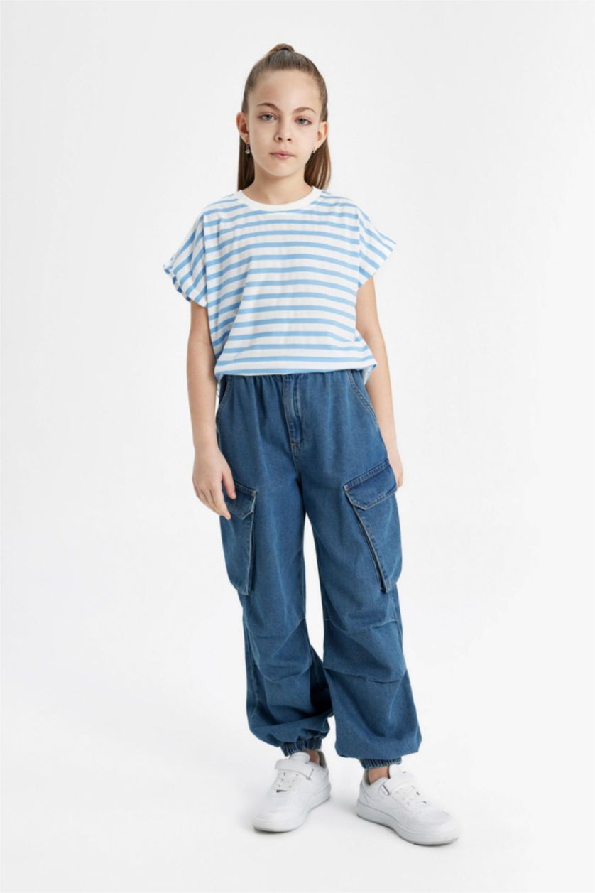 بنات أزرق تيشيرت مخطط بناتي نص ردن اوفر سايز