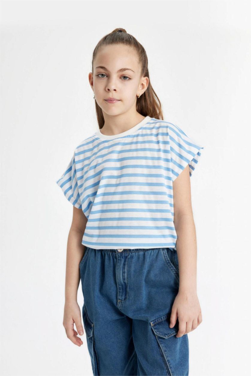 بنات أزرق تيشيرت مخطط بناتي نص ردن اوفر سايز