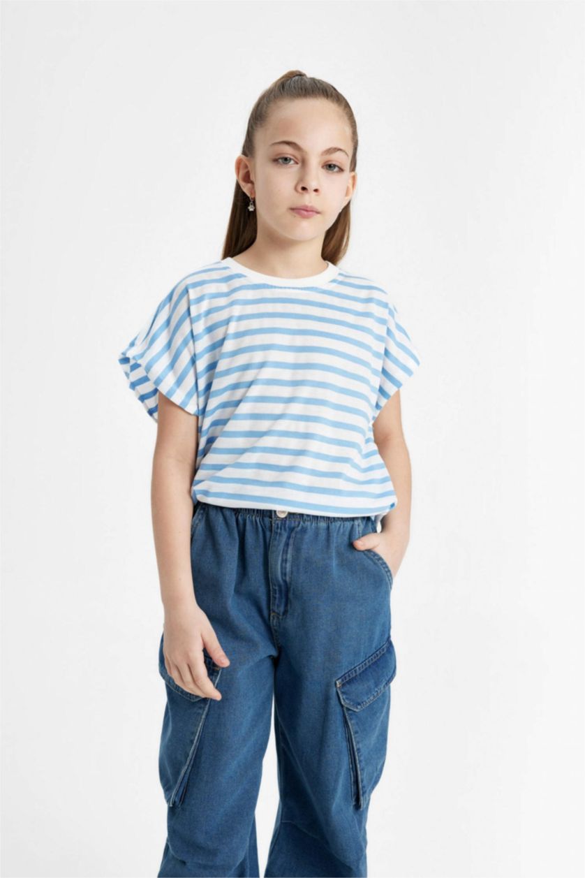 بنات أزرق تيشيرت مخطط بناتي نص ردن اوفر سايز