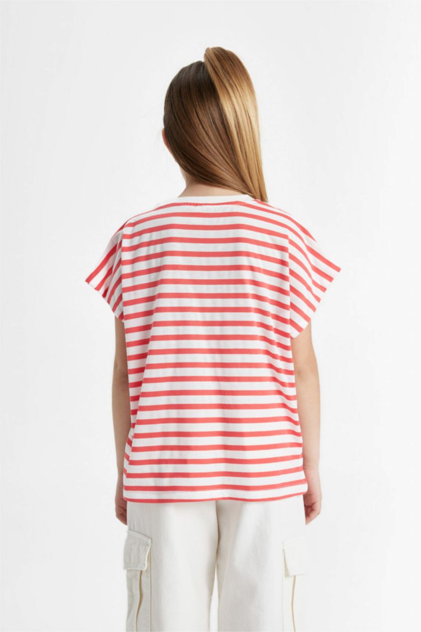 Kız Çocuk - Genç Kız Açık Kırmızı Oversize Geniş Kalıp Bisiklet Yaka Çizgili Kısa Kollu Tişört Kız Çocuk