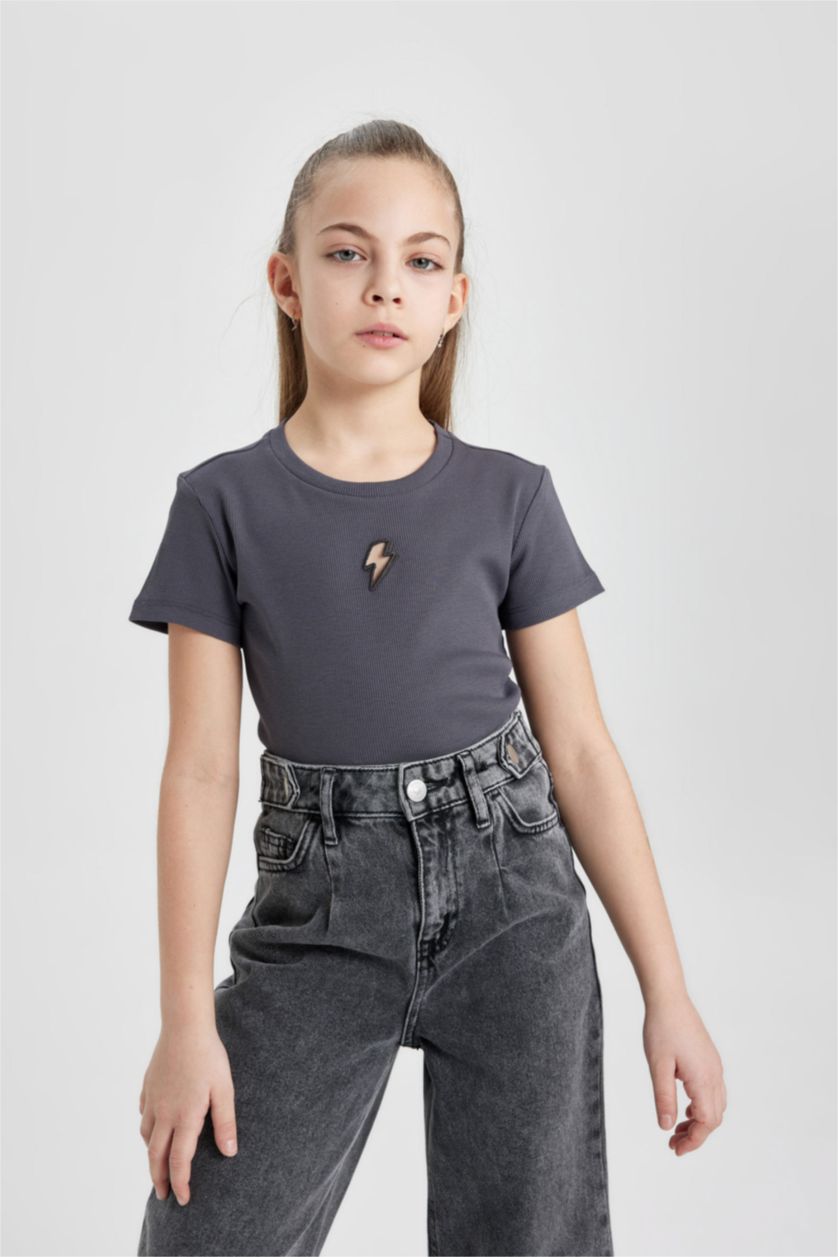 Kız Çocuk - Genç Kız Antrasit Slim Fit Dar Kesim Bisiklet Yaka Fitilli Kaşkorse Kısa Kollu Tişört Kız Çocuk