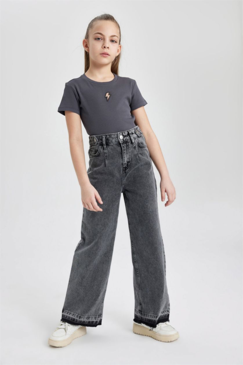 Kız Çocuk - Genç Kız Antrasit Slim Fit Dar Kesim Bisiklet Yaka Fitilli Kaşkorse Kısa Kollu Tişört Kız Çocuk