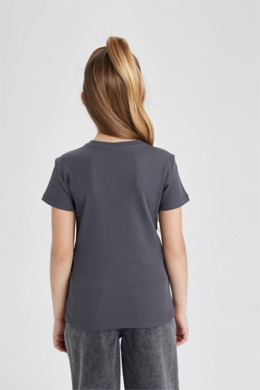 Kız Çocuk - Genç Kız Antrasit Slim Fit Dar Kesim Bisiklet Yaka Fitilli Kaşkorse Kısa Kollu Tişört Kız Çocuk