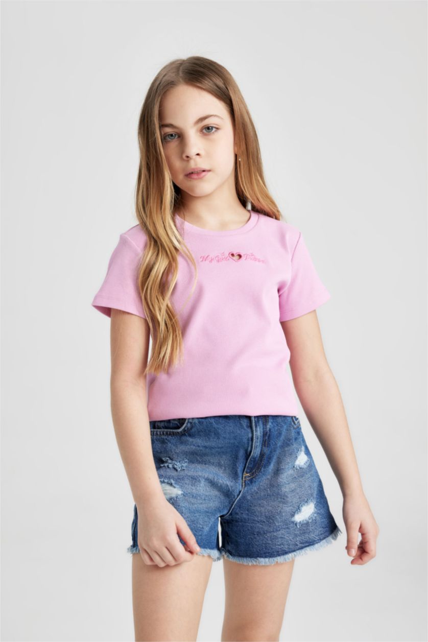 GIRLS & TEENS Pink تيشيرت نص كم مضلع سليم فيت