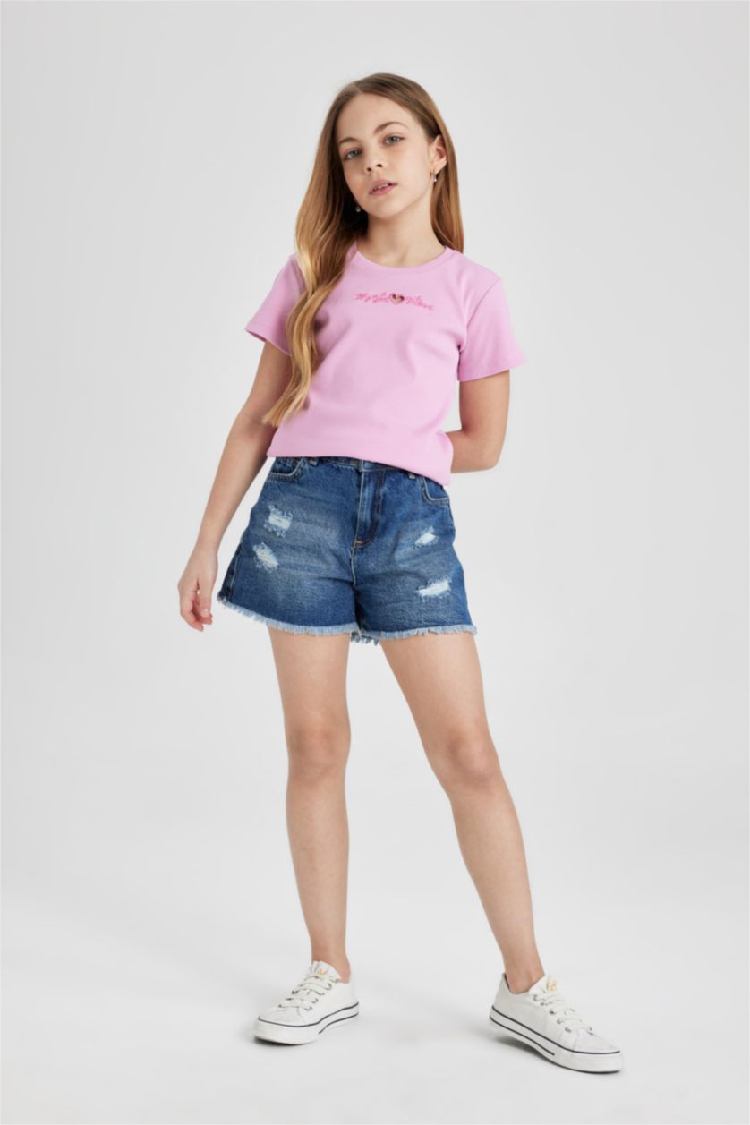 GIRLS & TEENS Pink تيشيرت نص كم مضلع سليم فيت