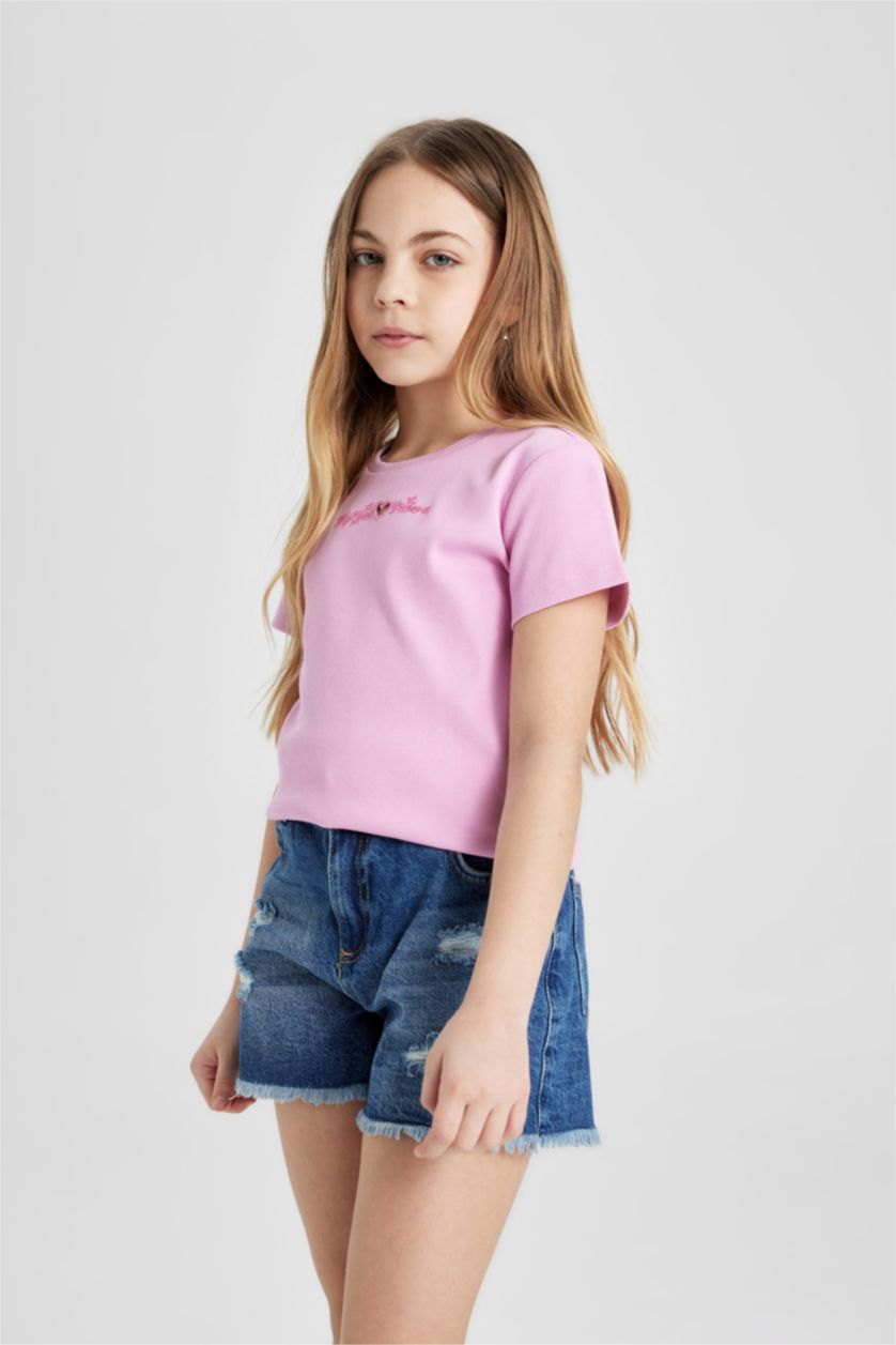 GIRLS & TEENS Pink تيشيرت نص كم مضلع سليم فيت