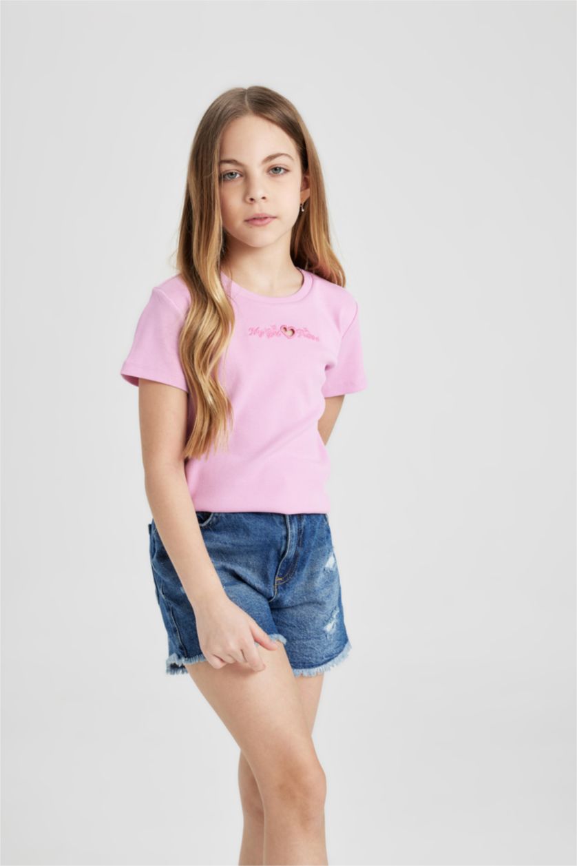 GIRLS & TEENS Pink تيشيرت نص كم مضلع سليم فيت