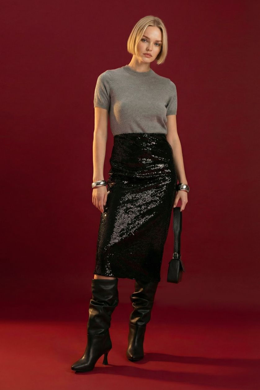 Kadın Siyah Payetli Normal Bel Astarlı Midi Etek