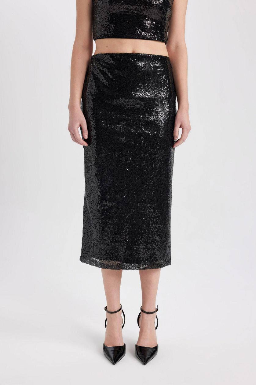 Kadın Siyah Payetli Normal Bel Astarlı Midi Etek