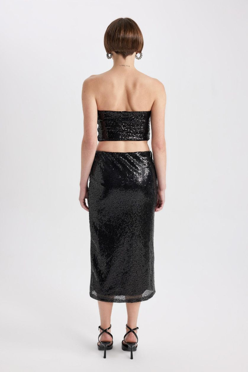 Kadın Siyah Payetli Normal Bel Astarlı Midi Etek