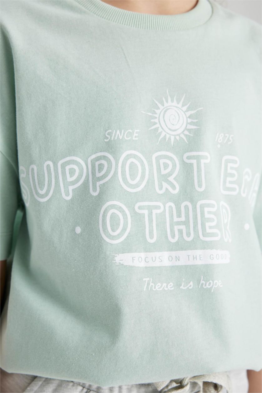 Kız Çocuk - Genç Kız Mint Relax Fit Bisiklet Yaka Baskılı 2'li Kısa Kollu Tişört Kız Çocuk