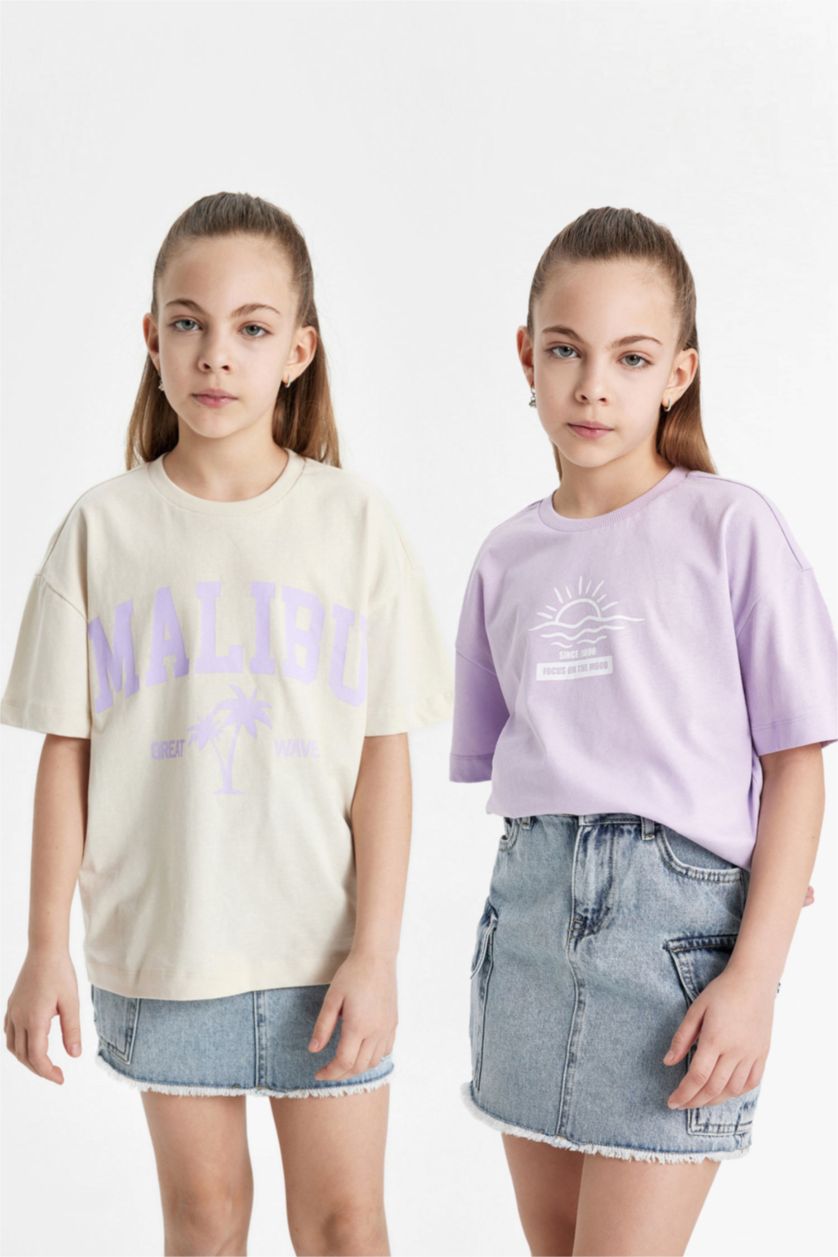 Kız Çocuk - Genç Kız Lila Relax Fit Bisiklet Yaka Baskılı 2'li Kısa Kollu Tişört Kız Çocuk