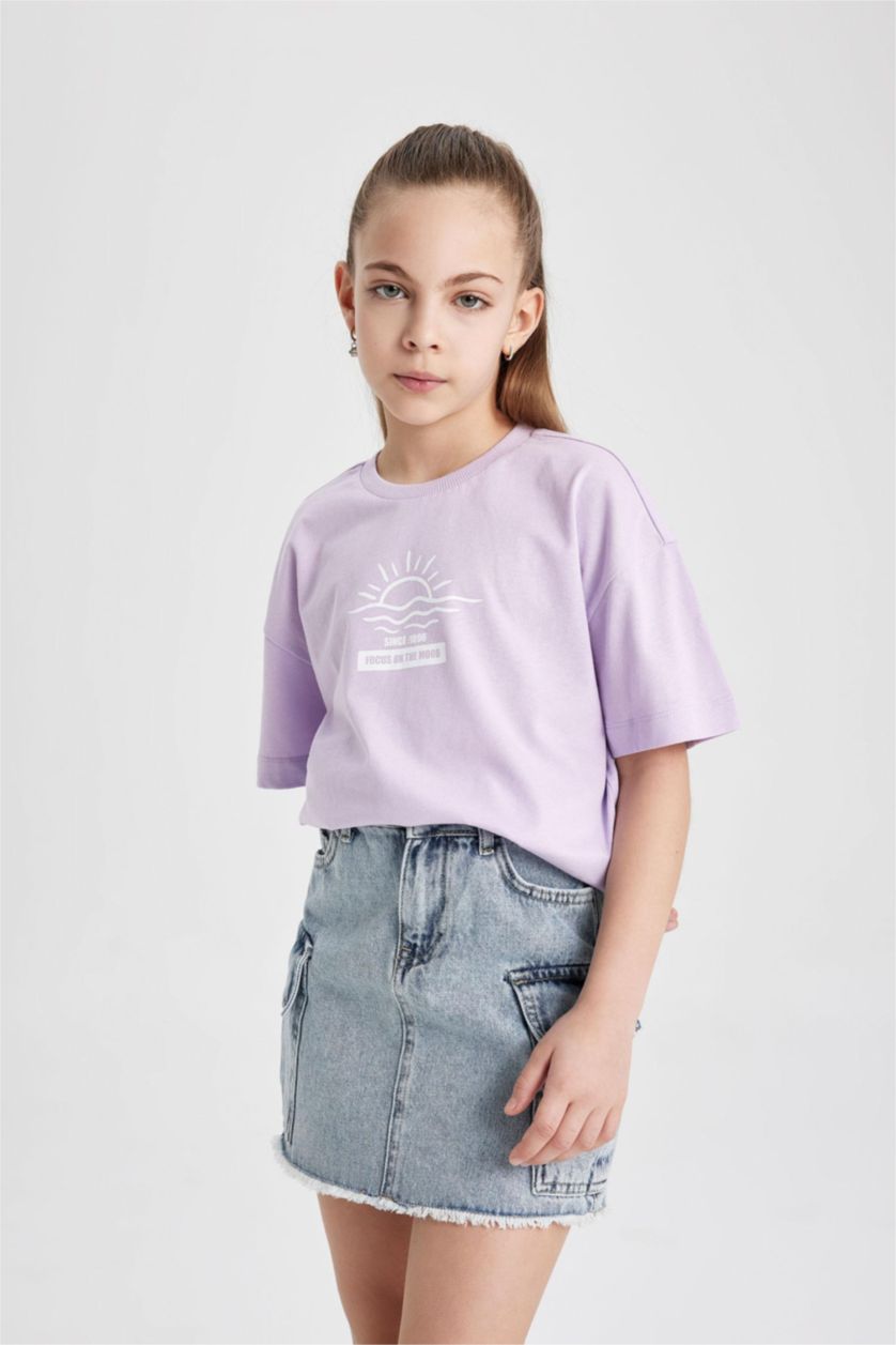 Kız Çocuk - Genç Kız Lila Relax Fit Bisiklet Yaka Baskılı 2'li Kısa Kollu Tişört Kız Çocuk