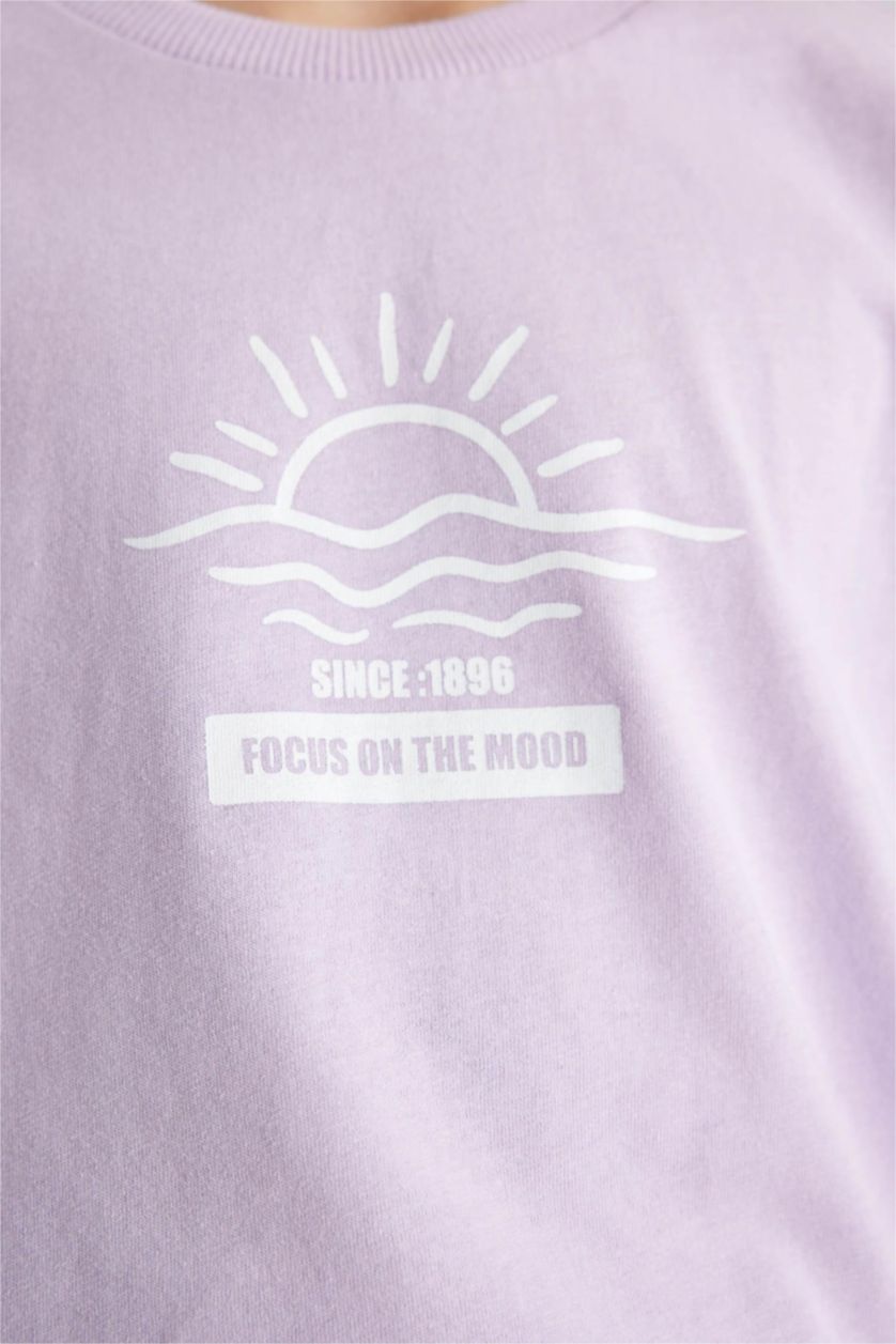 Kız Çocuk - Genç Kız Lila Relax Fit Bisiklet Yaka Baskılı 2'li Kısa Kollu Tişört Kız Çocuk