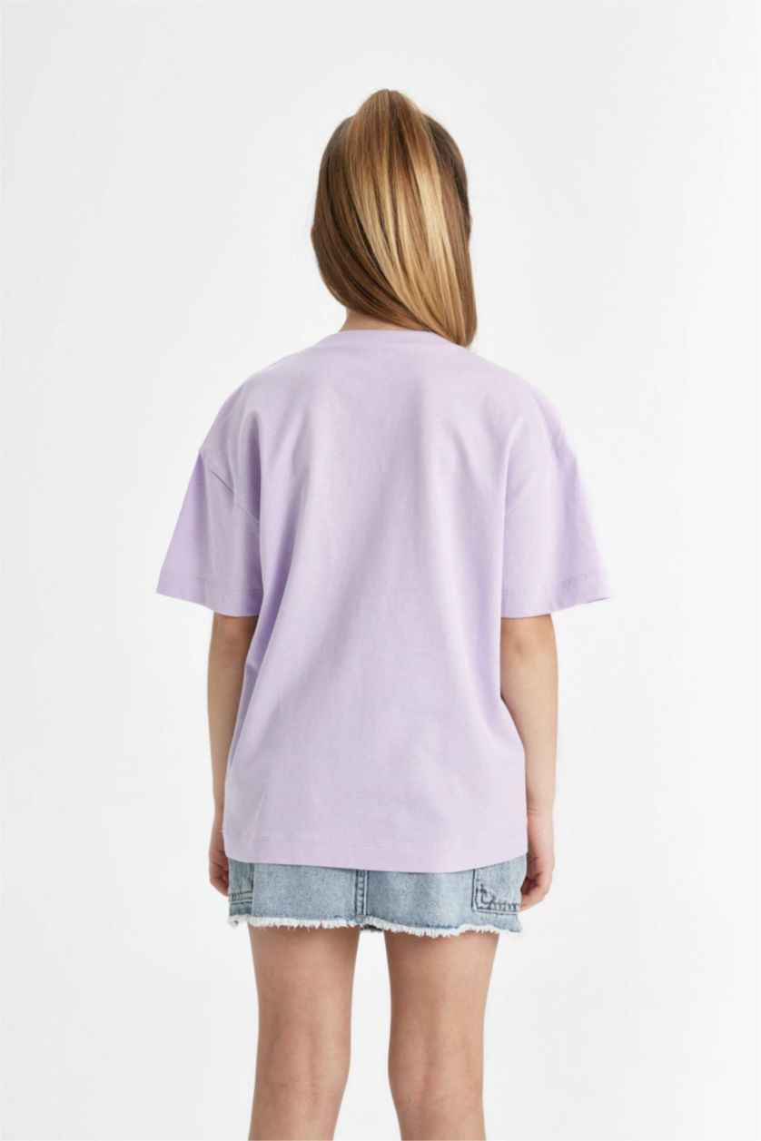 Kız Çocuk - Genç Kız Lila Relax Fit Bisiklet Yaka Baskılı 2'li Kısa Kollu Tişört Kız Çocuk