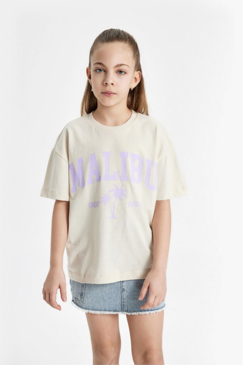 Kız Çocuk - Genç Kız Lila Relax Fit Bisiklet Yaka Baskılı 2'li Kısa Kollu Tişört Kız Çocuk