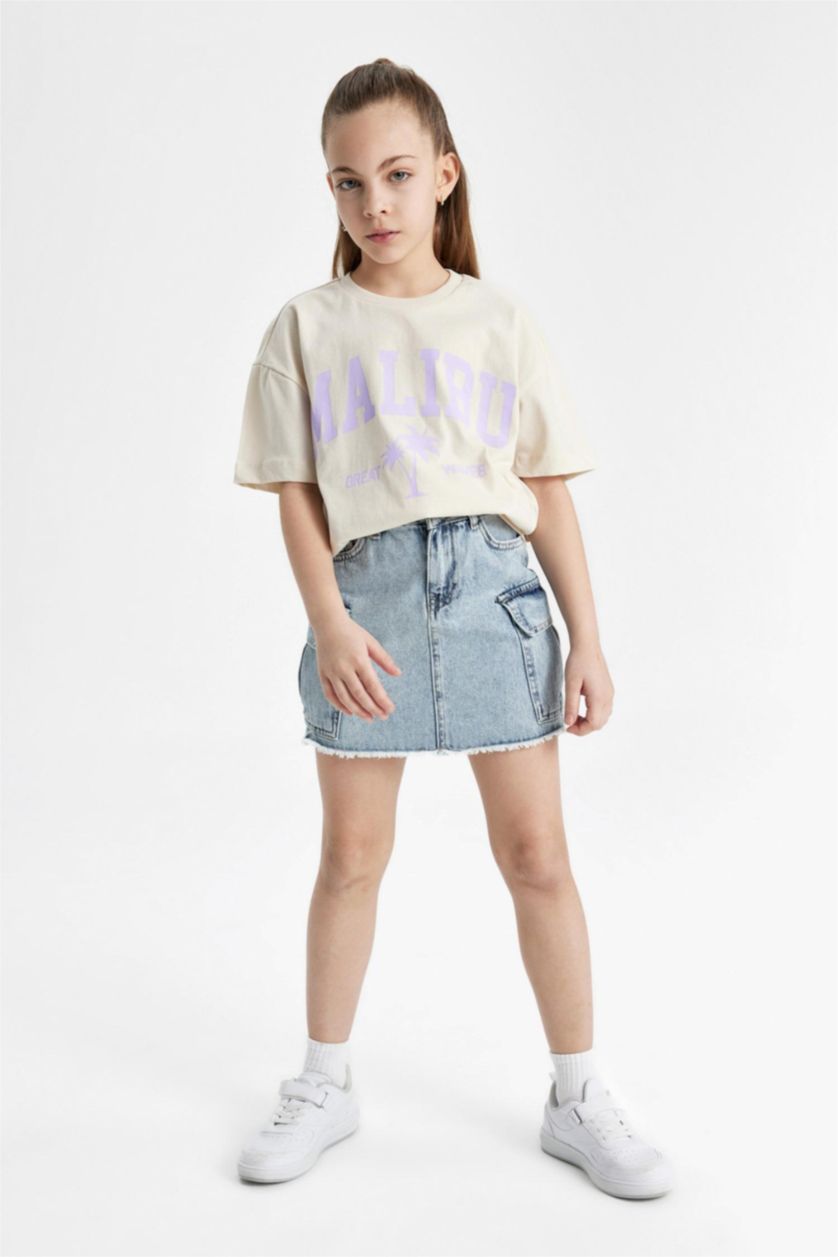 Kız Çocuk - Genç Kız Lila Relax Fit Bisiklet Yaka Baskılı 2'li Kısa Kollu Tişört Kız Çocuk