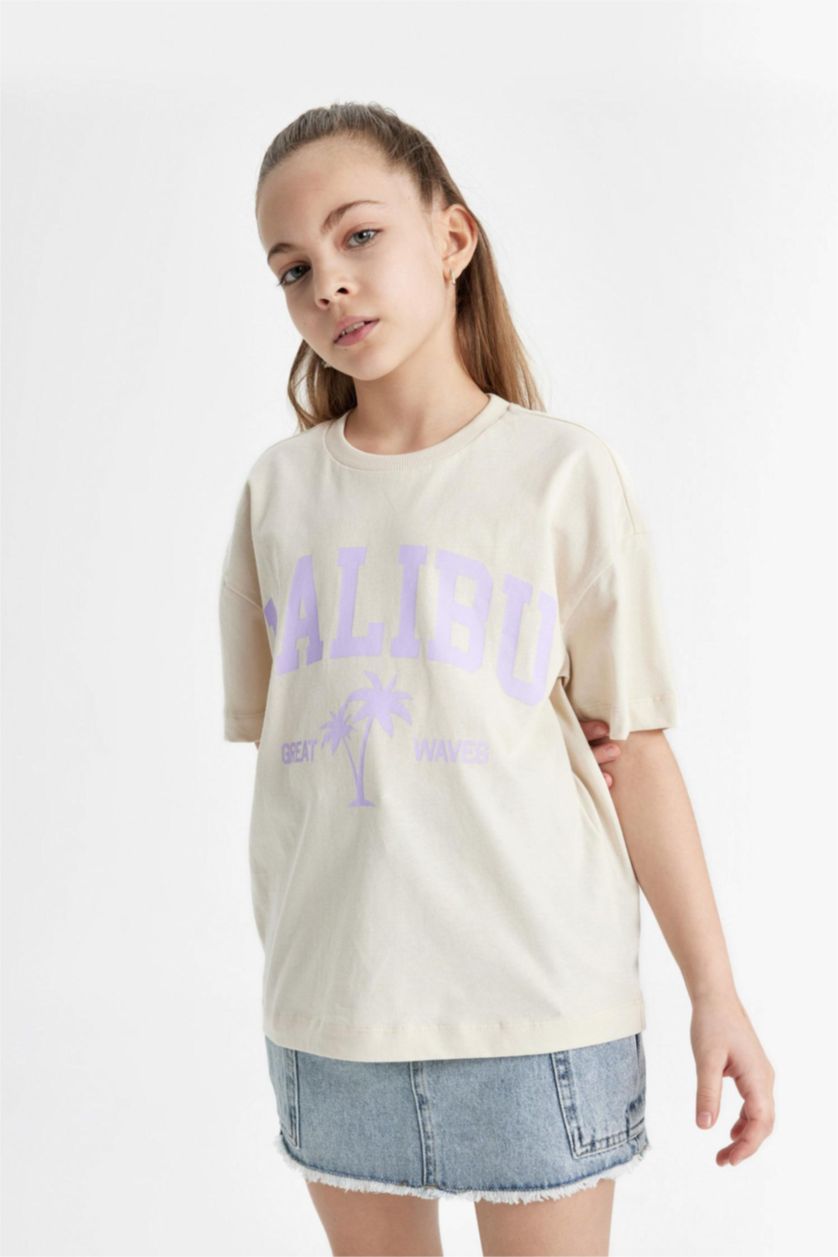 Kız Çocuk - Genç Kız Lila Relax Fit Bisiklet Yaka Baskılı 2'li Kısa Kollu Tişört Kız Çocuk