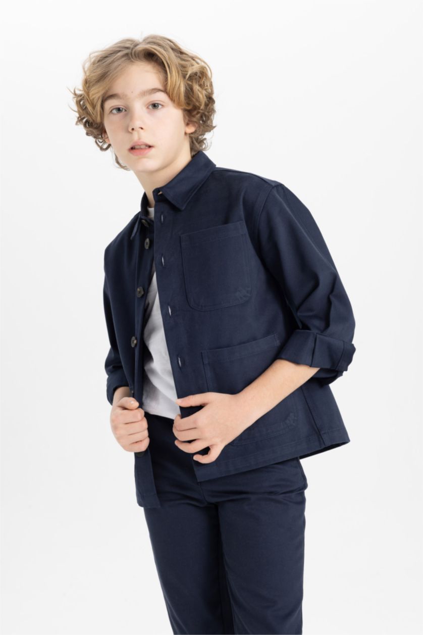 Erkek Çocuk - Genç Erkek Lacivert Oversıze Polo Yaka Uzun Kollu Gömlek Erkek Çocuk