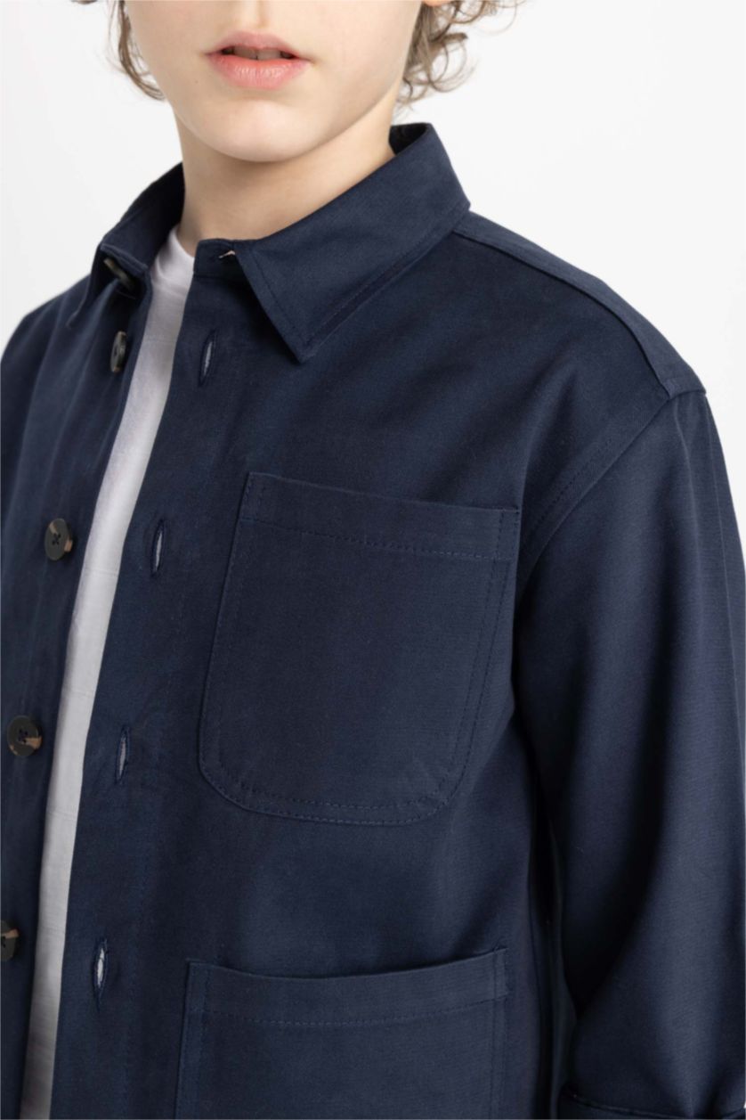 Erkek Çocuk - Genç Erkek Lacivert Oversıze Polo Yaka Uzun Kollu Gömlek Erkek Çocuk