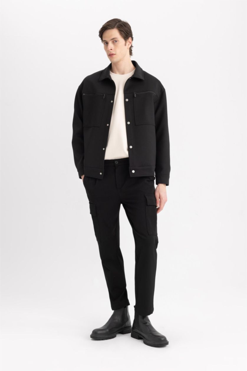 رجال أسود جاكيت خفيف قصة مريحة برقبة بولو