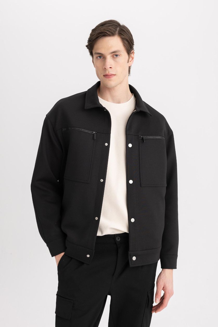 رجال أسود جاكيت خفيف قصة مريحة برقبة بولو