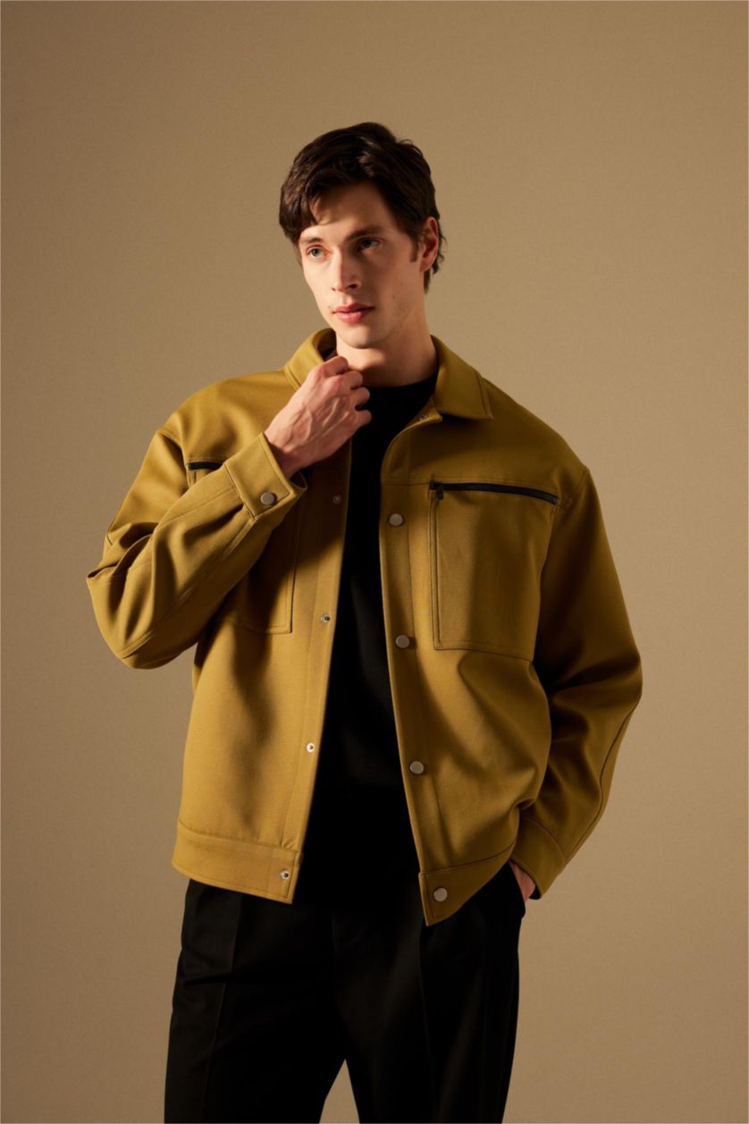 Erkek Haki Relax Fit Polo Yaka Çıtçıtlı Fermuar Cepli Mevsimlik Baharlık Ceket Mont