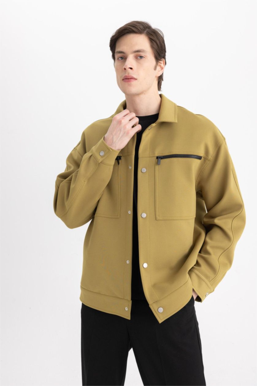 Erkek Haki Relax Fit Polo Yaka Çıtçıtlı Fermuar Cepli Mevsimlik Baharlık Ceket Mont