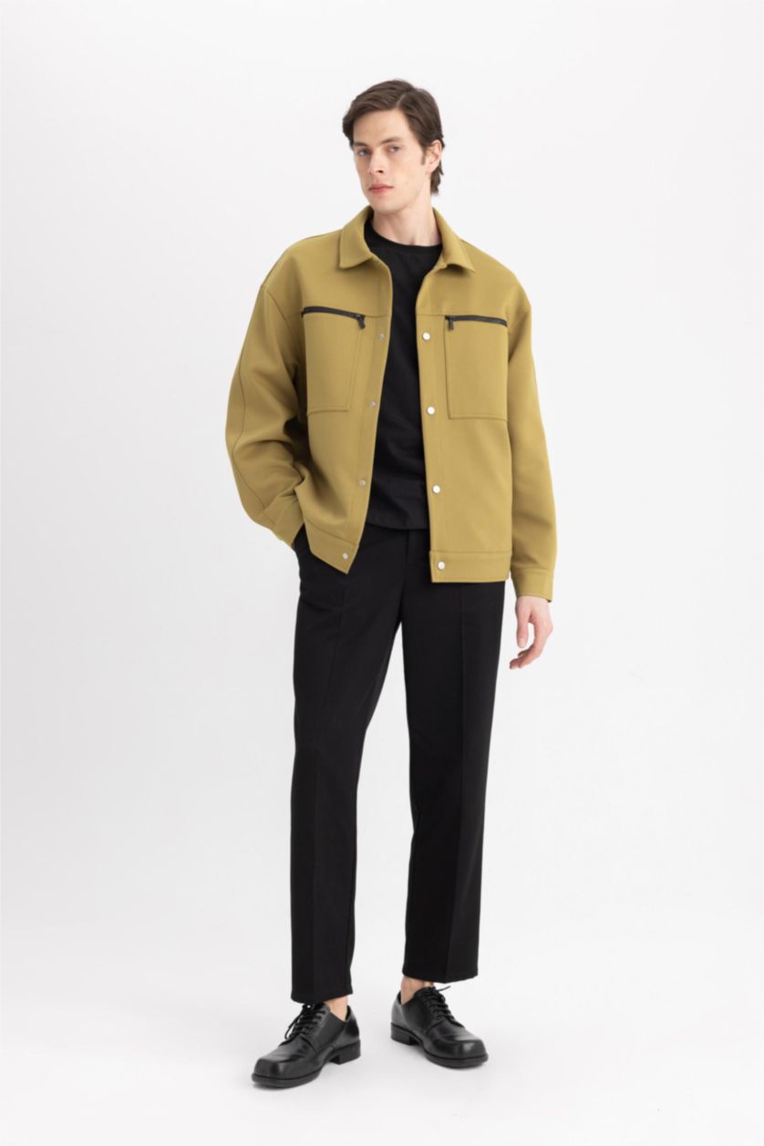 Erkek Haki Relax Fit Polo Yaka Çıtçıtlı Fermuar Cepli Mevsimlik Baharlık Ceket Mont