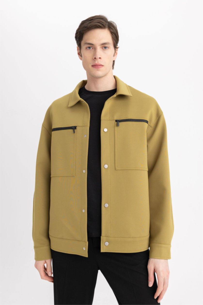 Erkek Haki Relax Fit Polo Yaka Çıtçıtlı Fermuar Cepli Mevsimlik Baharlık Ceket Mont