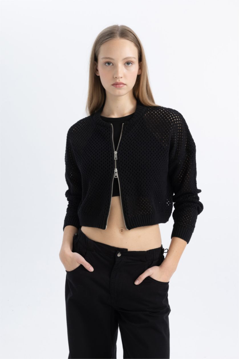 FEMME Noir Sweat zippé à coupe slim et col rond