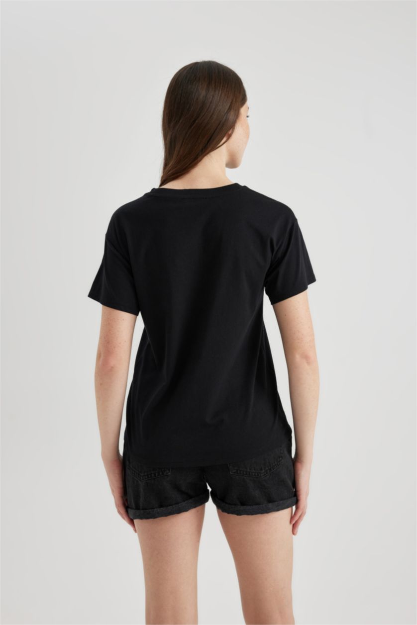 نساء أسود تيشيرت نص ردن مطبوع بقصة عادية