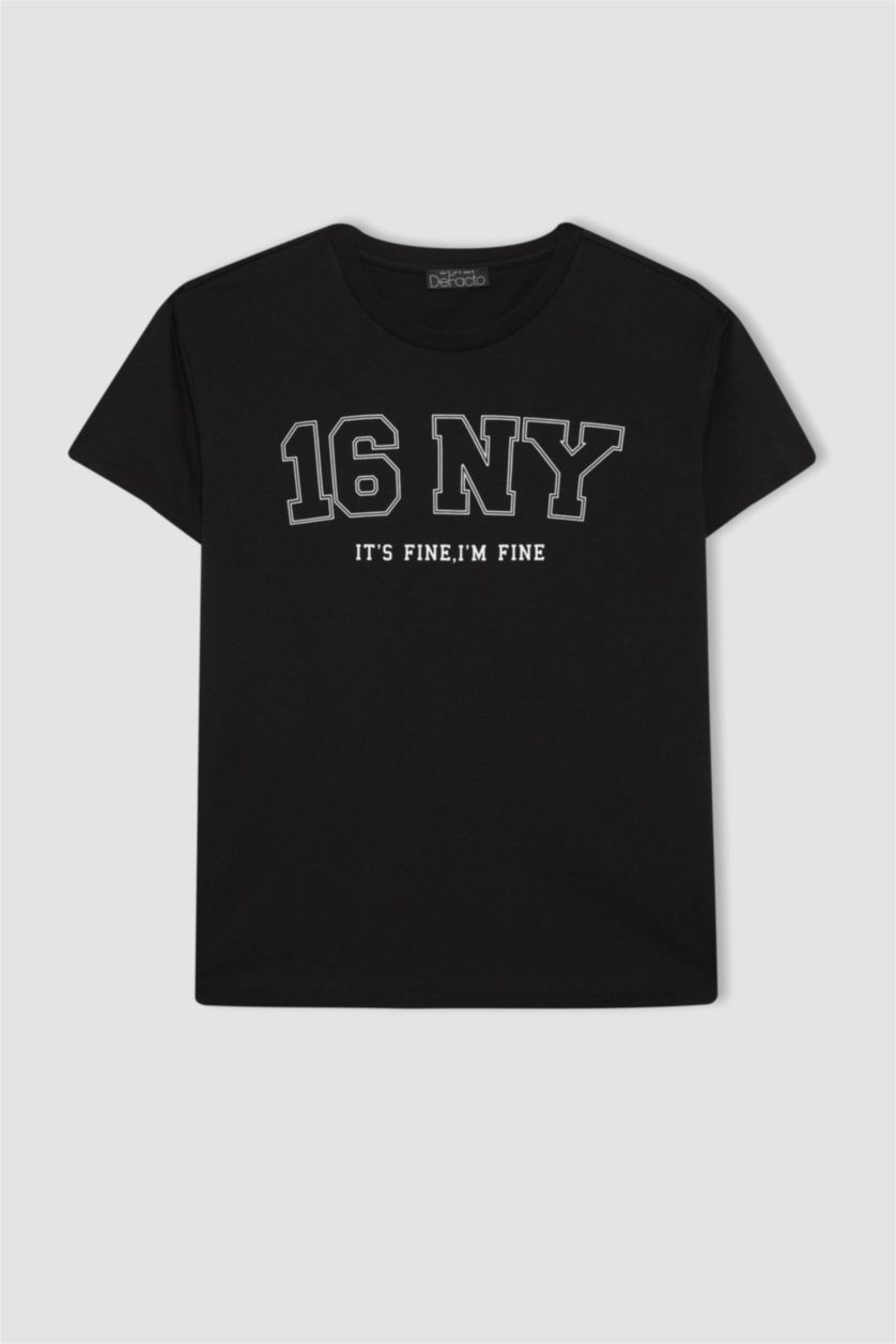 نساء أسود تيشيرت نص ردن مطبوع بقصة عادية