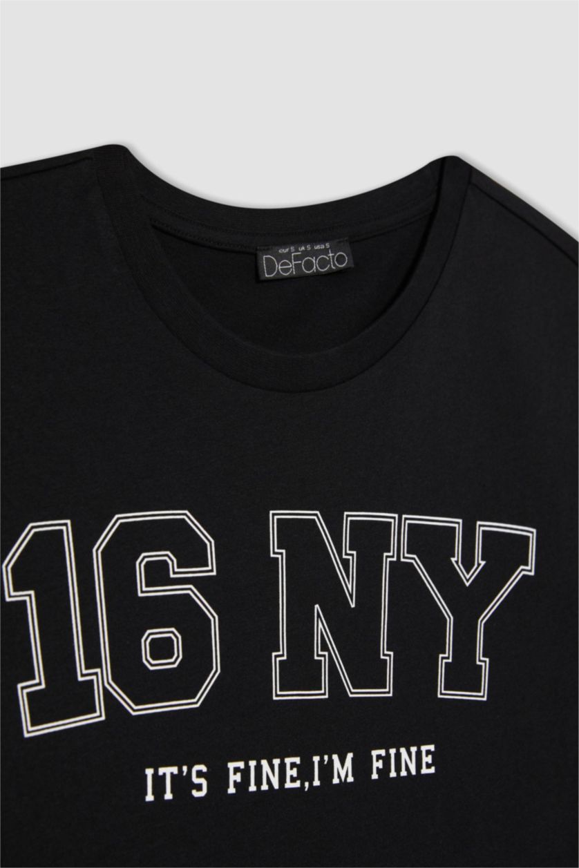 نساء أسود تيشيرت نص ردن مطبوع بقصة عادية