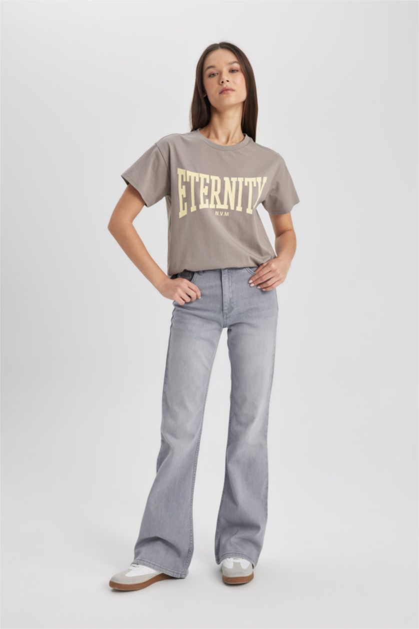 FEMME Gris Clair T-Shirt imprimé Coupe Régulière Col Ras Du Cou