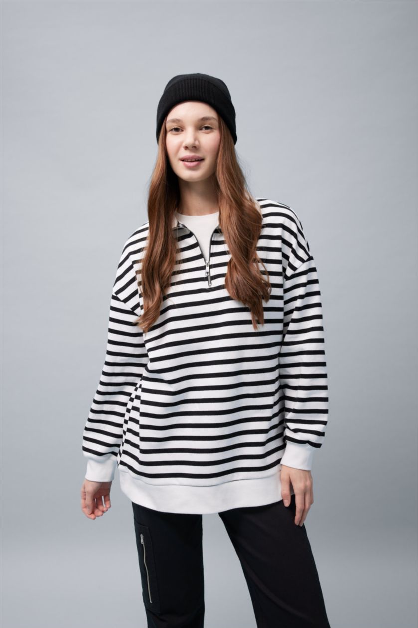 Woman Black Regular Fit Thick Sweatshirt Fabric Polo Collar Striped Sweat Tunic