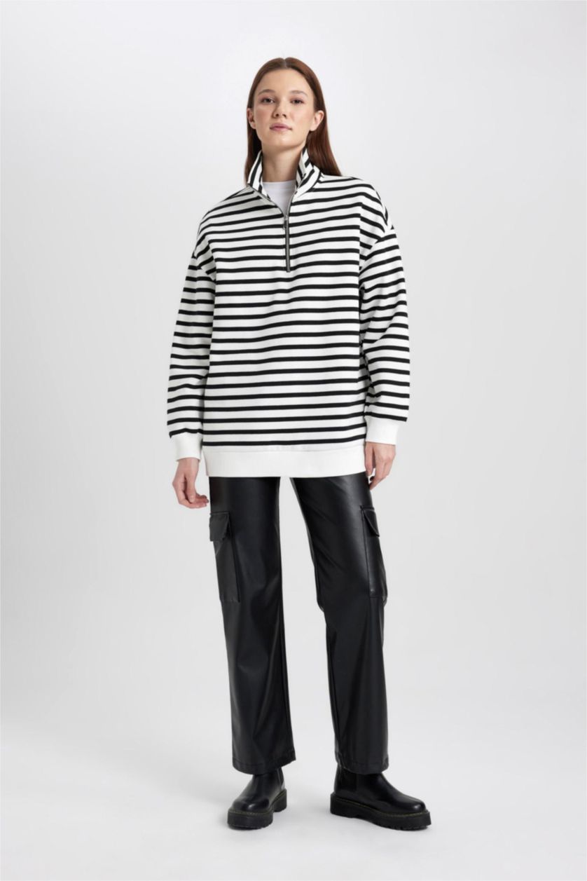 Woman Black Regular Fit Thick Sweatshirt Fabric Polo Collar Striped Sweat Tunic