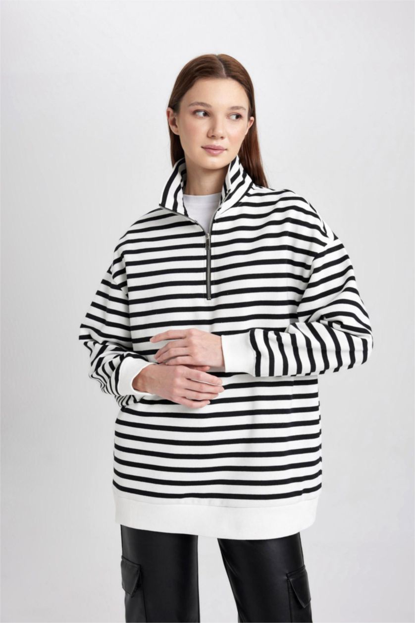 Woman Black Regular Fit Thick Sweatshirt Fabric Polo Collar Striped Sweat Tunic