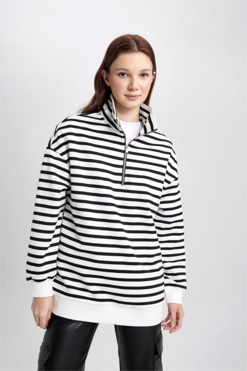 Woman Black Regular Fit Thick Sweatshirt Fabric Polo Collar Striped Sweat Tunic